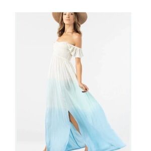 Tiare Hawaii White to Light Blue Ombre Off-Shoulder Maxi Dress
